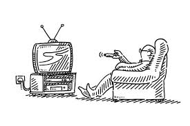 a drawing of a guy watching tv and sitting on a couch